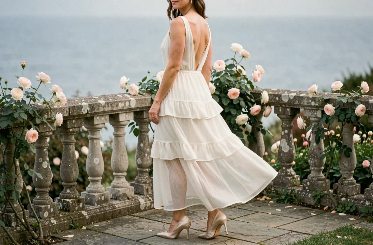 Mariée en robe bohème organza blanc antique à volants portée avec des stilettos champagne hauts, dans un jardin côtier avec balustrade en pierre et rosiers grimpants
