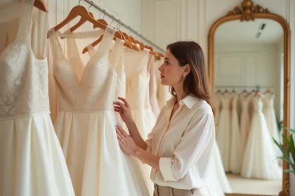 Femme examinant une robe de mariée dans une boutique élégante, réfléchissant au prix et à l'acompte demandé