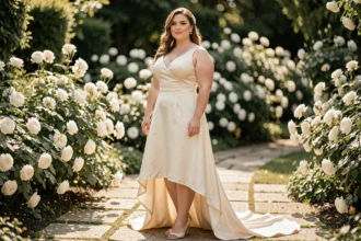 Femme grande taille en robe de mariée courte devant longue derrière en satin ivoire dans un jardin fleuri