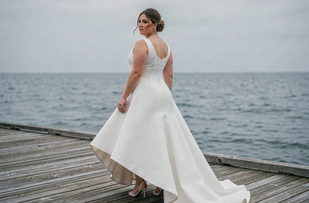 Mariée grande taille en robe courte devant longue derrière en crêpe sur un ponton en bord de mer