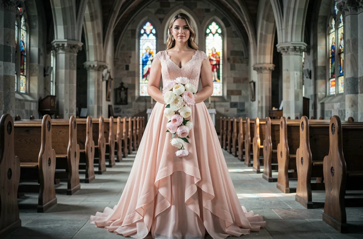 Robe de mariée grande taille bi-longueur en mousseline blush dans une église en pierre avec vitraux