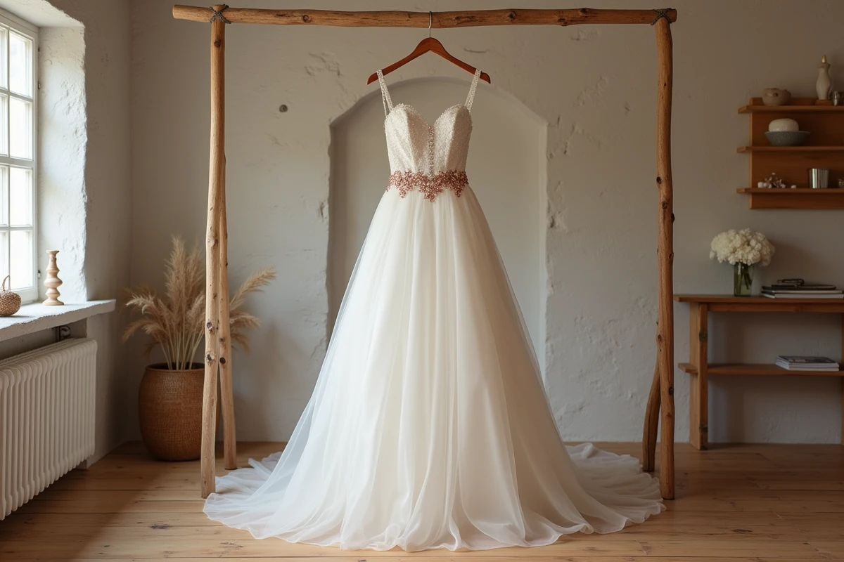 Robe de mariée princesse à paillettes or rose exposée dans un atelier de couture bridal minimaliste