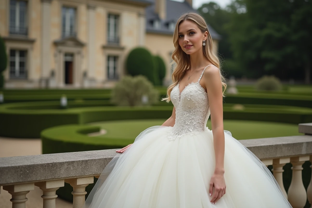 Mariée en robe de mariée princesse à décolleté en cœur posant dans un jardin de château français avec balustrade en pierre