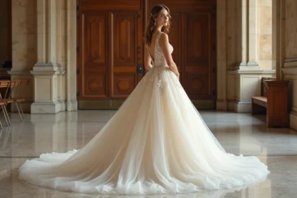 Mariée en robe de princesse longue avec traîne cathédrale dans une mairie française au décor classique