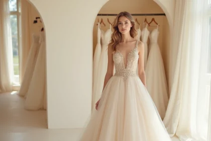 Femme portant une robe de mariée princesse à paillettes champagne dans une boutique de mariage élégante