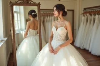 Jeune mariée en robe princesse avec corsage en dentelle et jupe en tulle volumineuse se regardant dans un miroir de boutique nuptiale