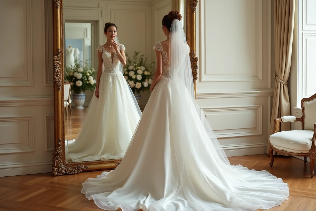 Mariée en robe de princesse luxe avec longue traîne devant un miroir doré dans un atelier de mariage élégant