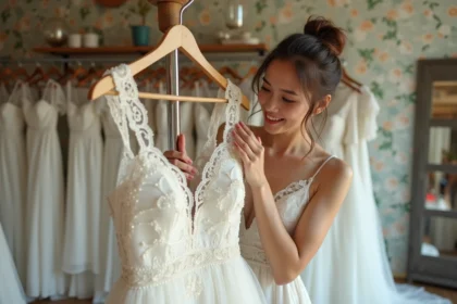 Jeune femme inspectant une robe de mariée blanche en dentelle dans une boutique de robes de mariée d'occasion vintage