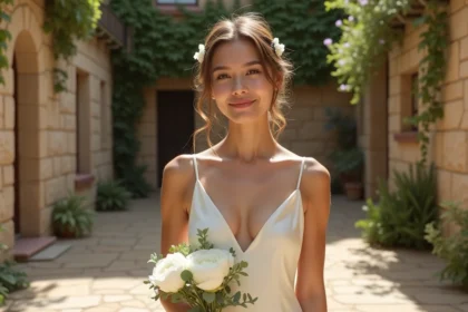 Mariée en robe satin ivoire minimaliste avec accessoires de fleurs blanches dans une cour en pierre