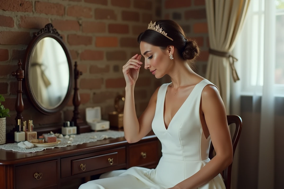 Mariée en robe blanche crêpe ajustant un diadème doré devant un miroir vintage lors de la préparation