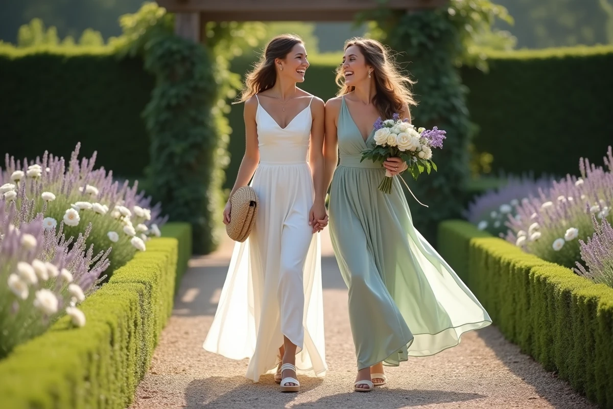 Mariée en robe organza minimaliste marchant dans un jardin fleuri avec sac clutch et sandales accessoires