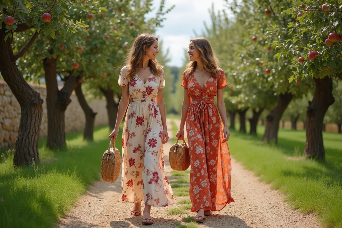 Deux femmes en robes longues fleuries terracotta et ivoire se promenant dans un verger lors d'un mariage champêtre