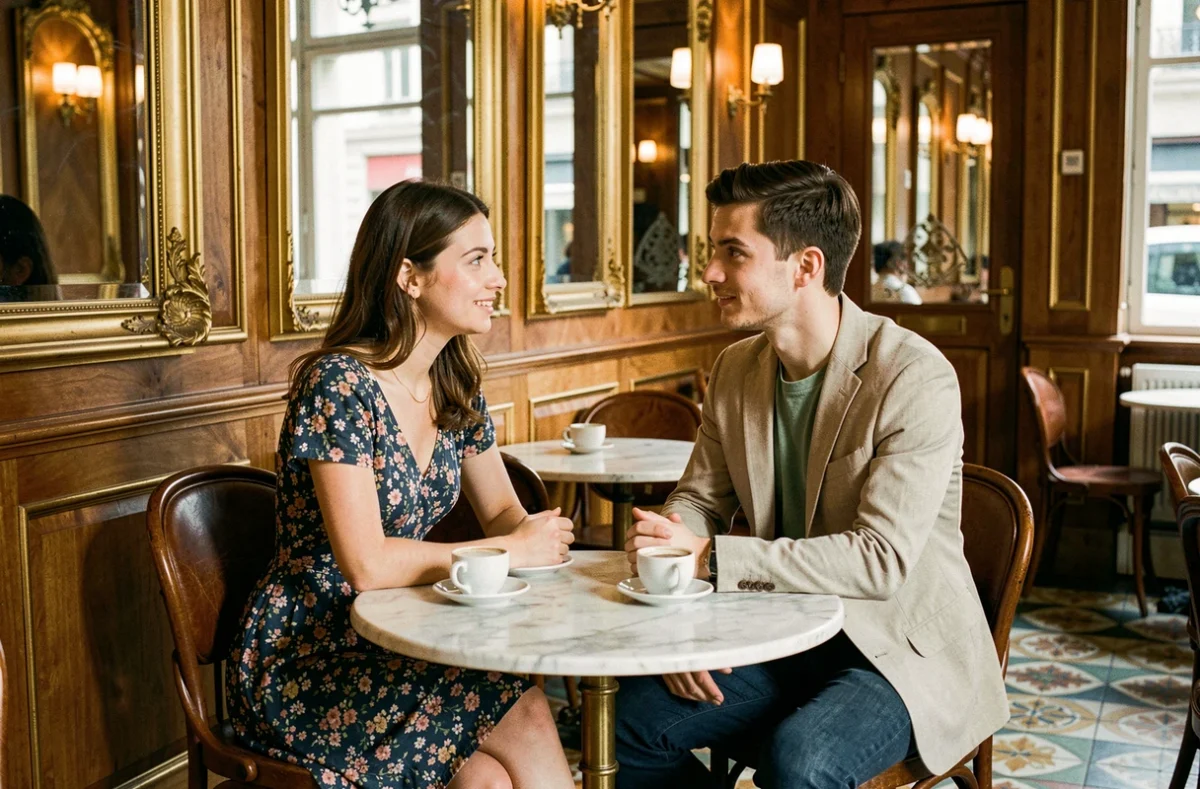 Couple en séance photo intimiste dans une brasserie Art Déco restaurée à Vichy avec décor de miroirs dorés et carrelage vintage
