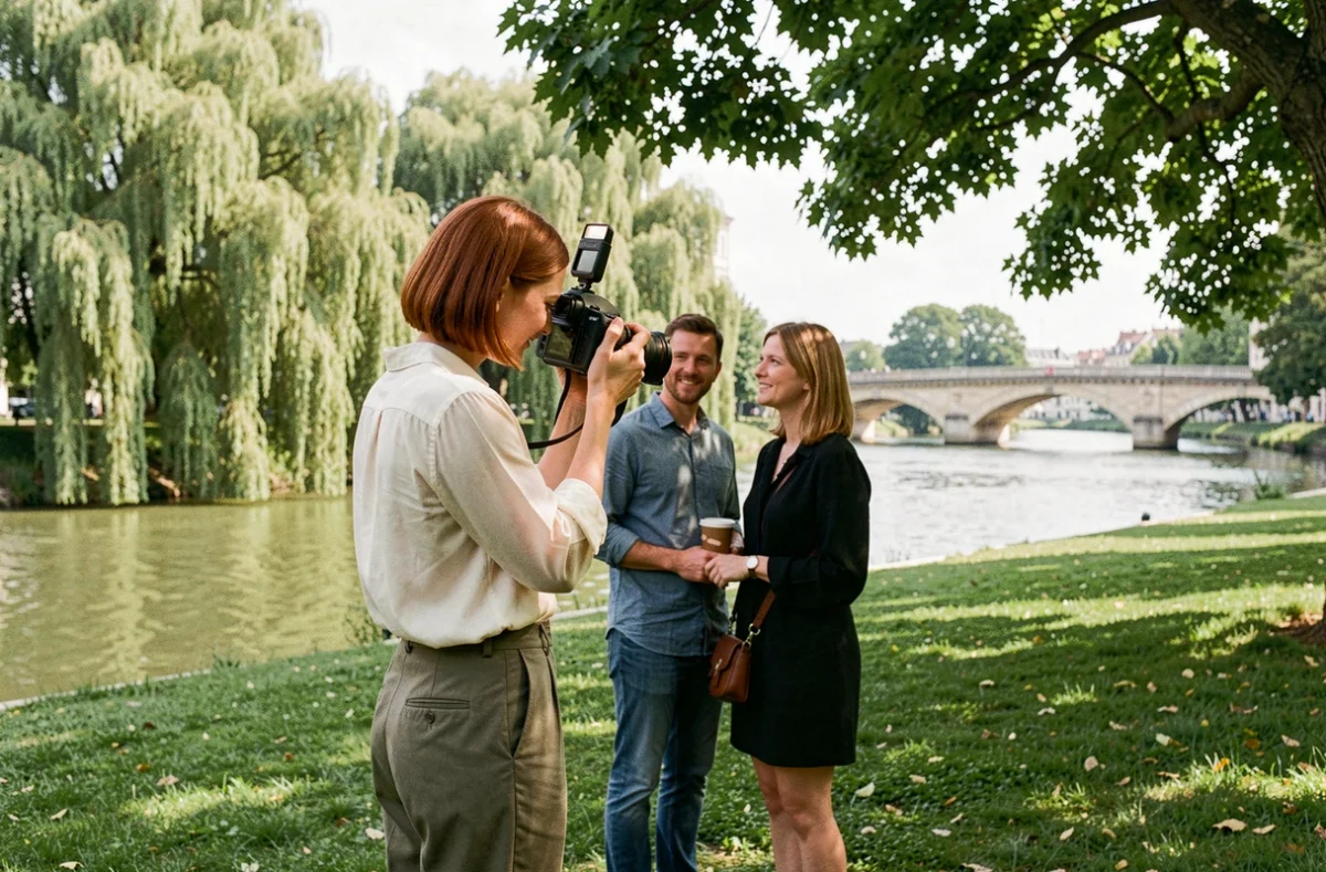 Photographe en séance photo extérieure au bord de la Marne à Châlons-en-Champagne