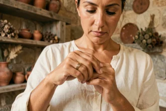 Femme glissant une bague ancienne en or sur son annulaire dans un intérieur en pierre, symbolisant les rituels et la signification des bagues