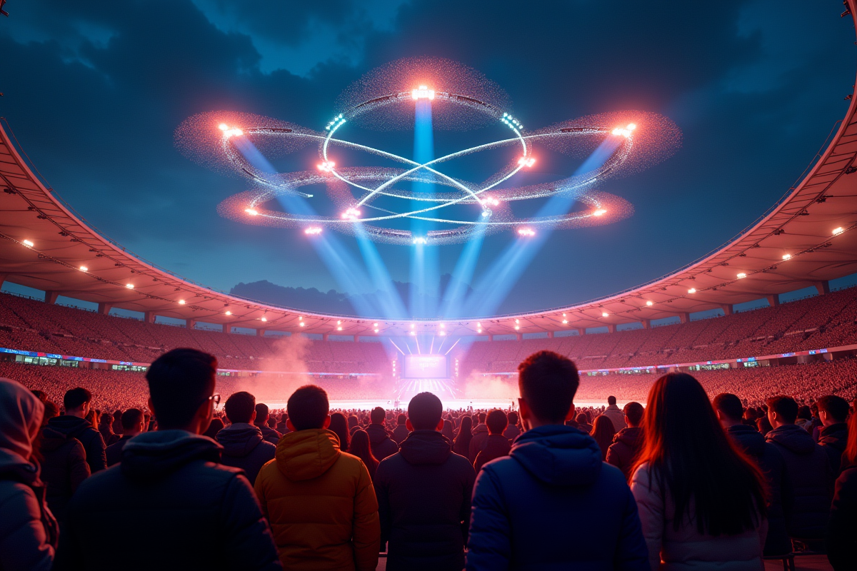 Groupe de personnes regardant un spectacle de drones lumineux en extérieur