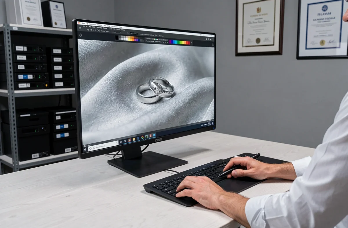 Photographe de mariage professionnel retouchant des photos sur écran dans son studio à Genève avec matériel photo en arrière-plan