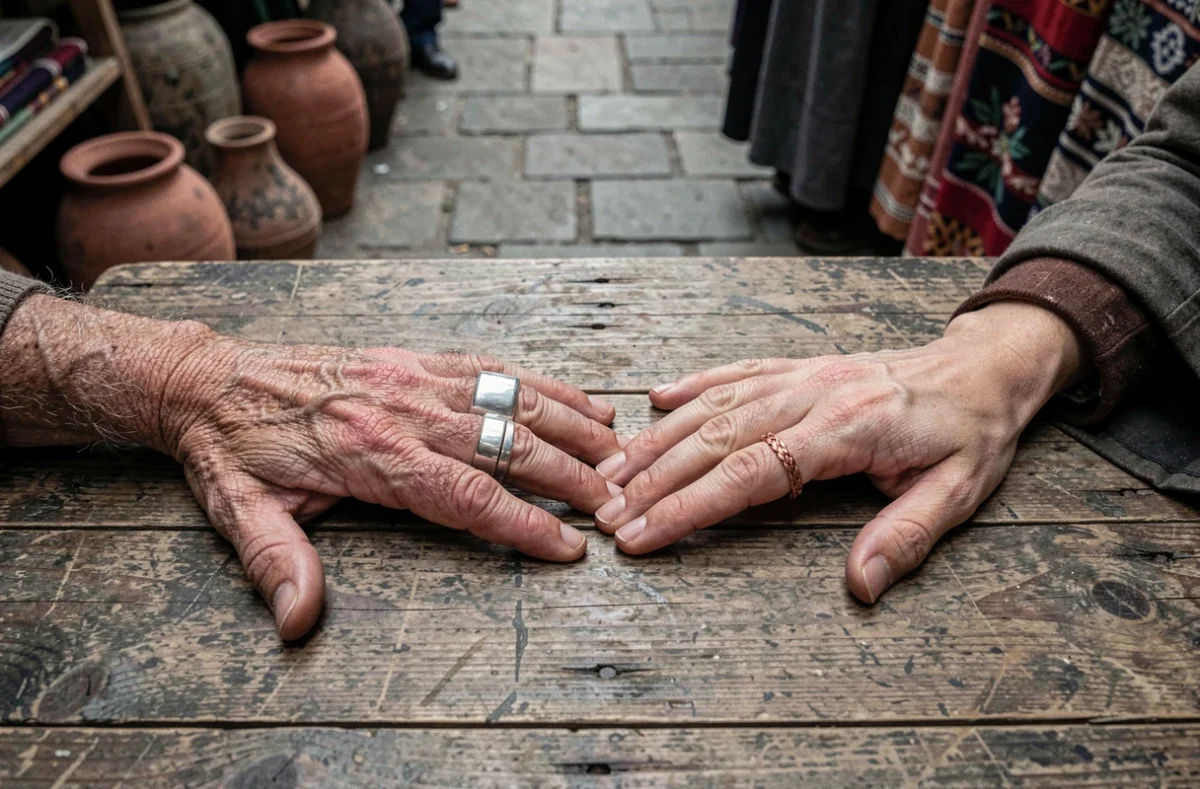 Deux mains posées sur une table en bois avec des bagues différentes représentant la symbolique culturelle et historique du port de bague