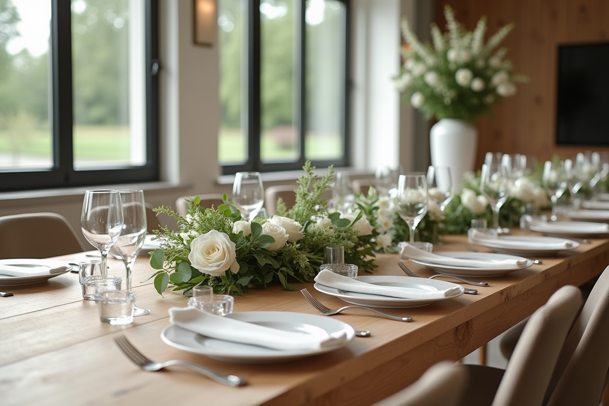 Table de mariage intérieur moderne avec décoration minimaliste et fleurs blanches