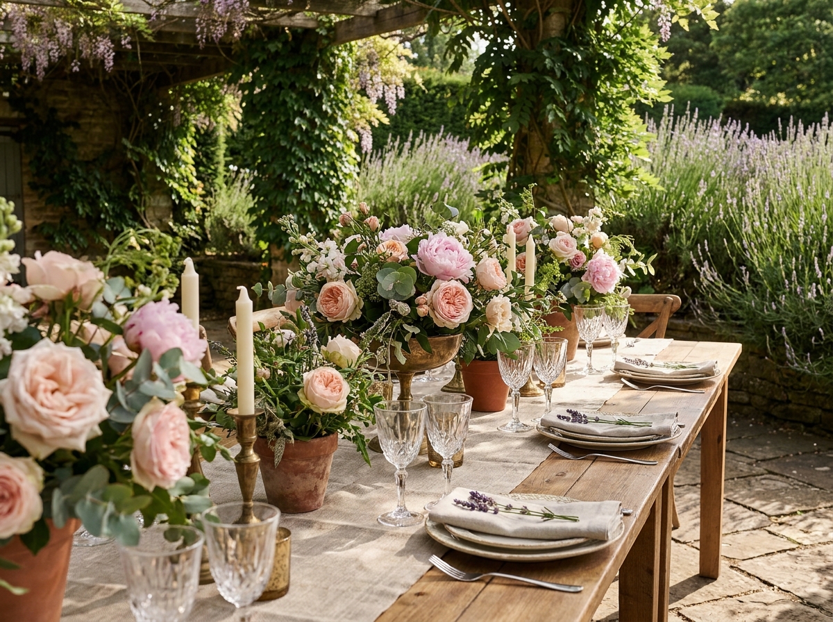 Table de réception de mariage décorée de fleurs et de bougies dans un jardin avec pergola en lierre