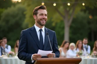 Témoin de mariage souriant qui prononce un discours humoristique lors d'une réception en plein air
