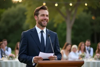 Témoin de mariage souriant qui prononce un discours humoristique lors d'une réception en plein air