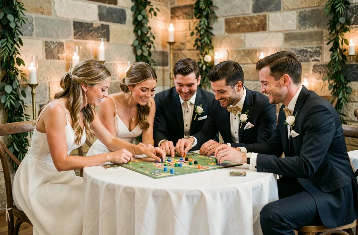 Témoins de mariage jouant ensemble à un jeu de société coopératif dans une salle de réception élégante en pierre