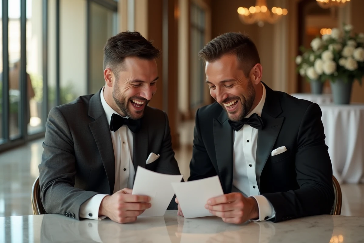 Deux témoins de mariage qui rient ensemble en préparant leur discours humoristique avant la cérémonie