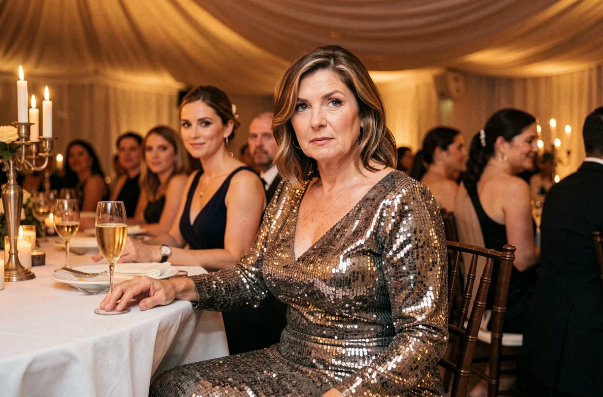 Femme en robe longue à sequins trop habillée assise à une table de réception de mariage parmi des invitées en tenues cocktail