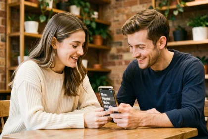 Couple de jeunes adultes souriant ensemble en regardant un test de compatibilité par prénom sur un smartphone dans un café chaleureux