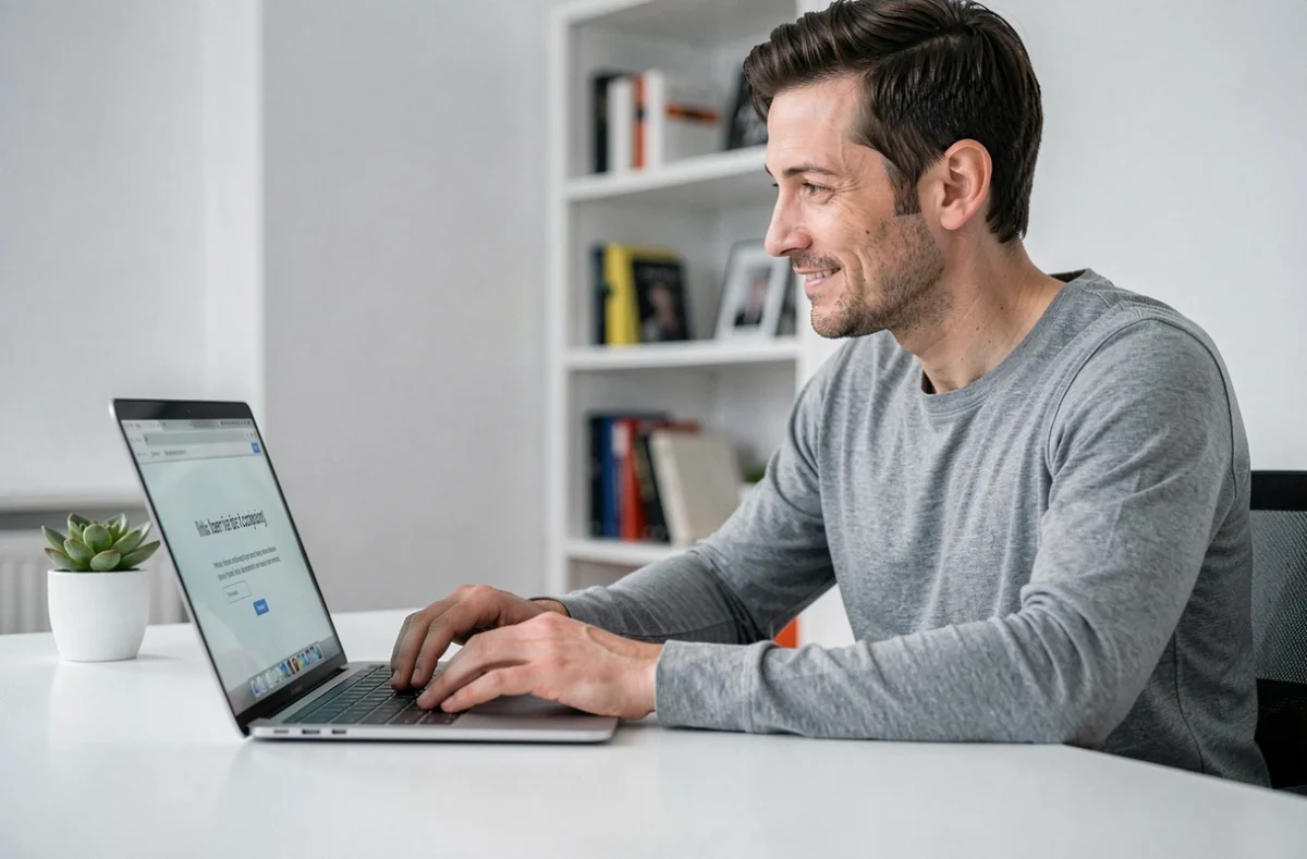 Homme seul à son bureau consultant un site de test de compatibilité par prénom sur son ordinateur portable avec un sourire pensif