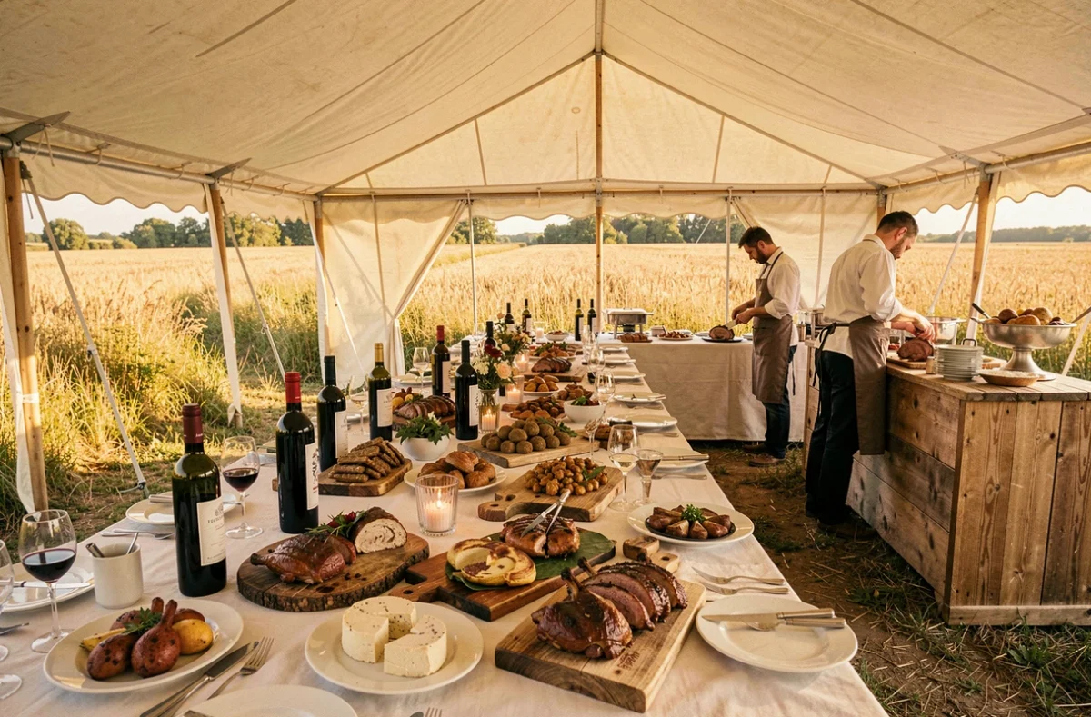 Banquet de mariage sous tente ivoire avec spécialités gasconnes et foie gras dressés par Thierry Arbeau Traiteur en Gironde
