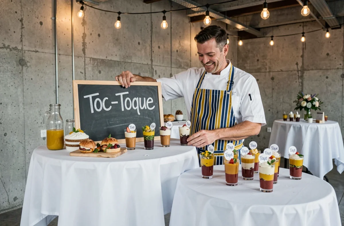 Stand de mariage créatif du traiteur Toc-Toque avec verrines colorées et enseigne ardoise dans une salle contemporaine