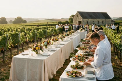 Réception de mariage élégante en plein air dans les vignes de Gironde avec tables dressées et équipe traiteur