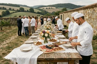 Table de mariage dressée par un traiteur en Haute-Garonne avec décoration florale et buffet de mets raffinés en plein air