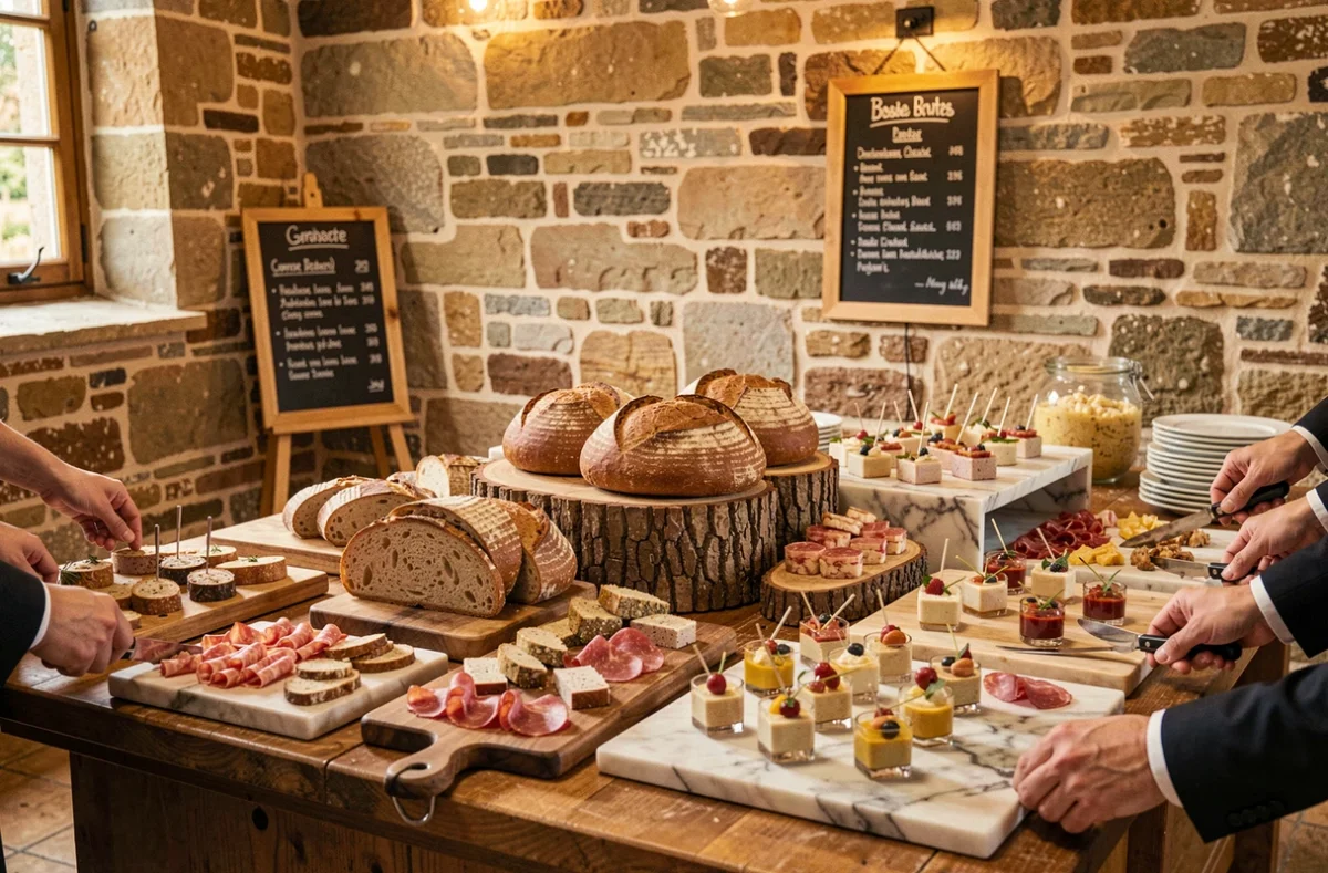 Buffet de mariage mêlant tendance et tradition avec charcuteries, verrines et pains artisanaux sur une table en bois