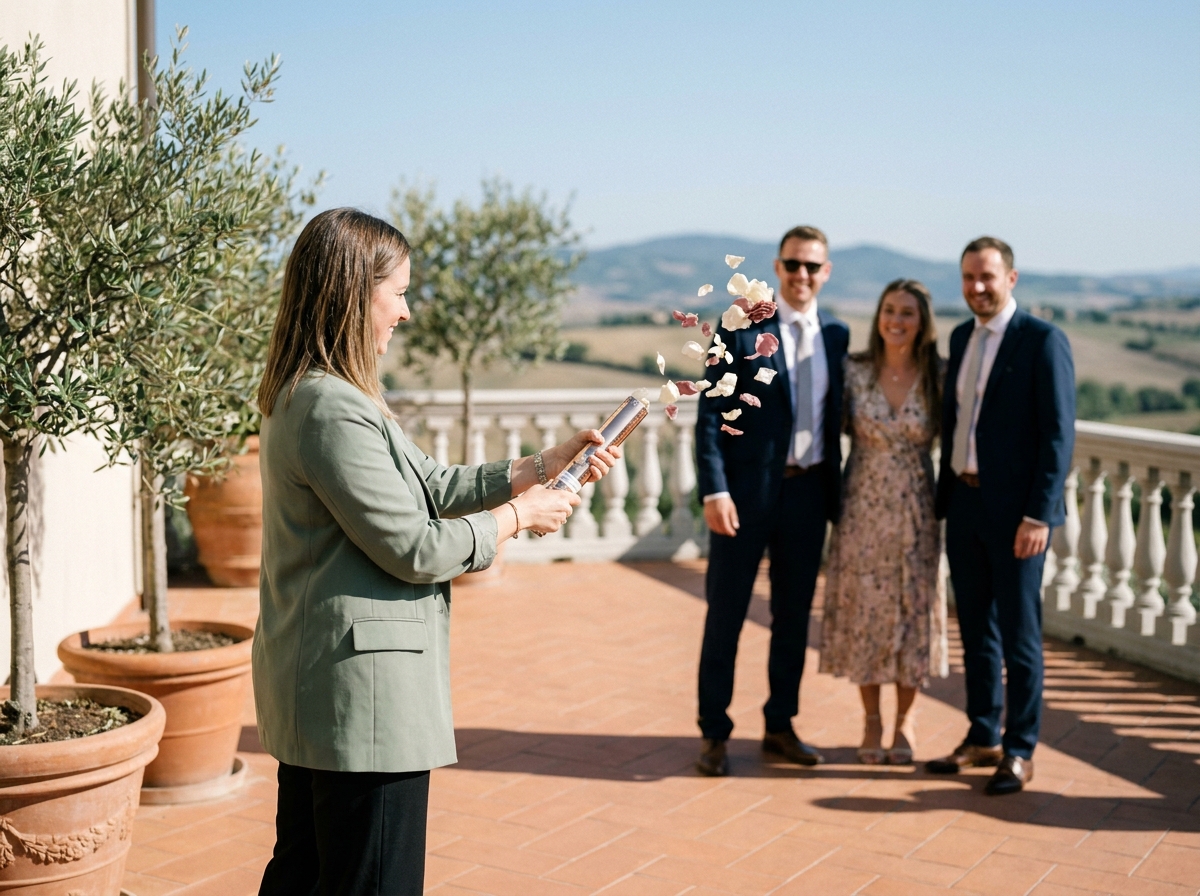 Coordinatrice de mariage montrant comment utiliser un canon à confettis à des invités sur une terrasse ensoleillée lors d'une répétition de cérémonie