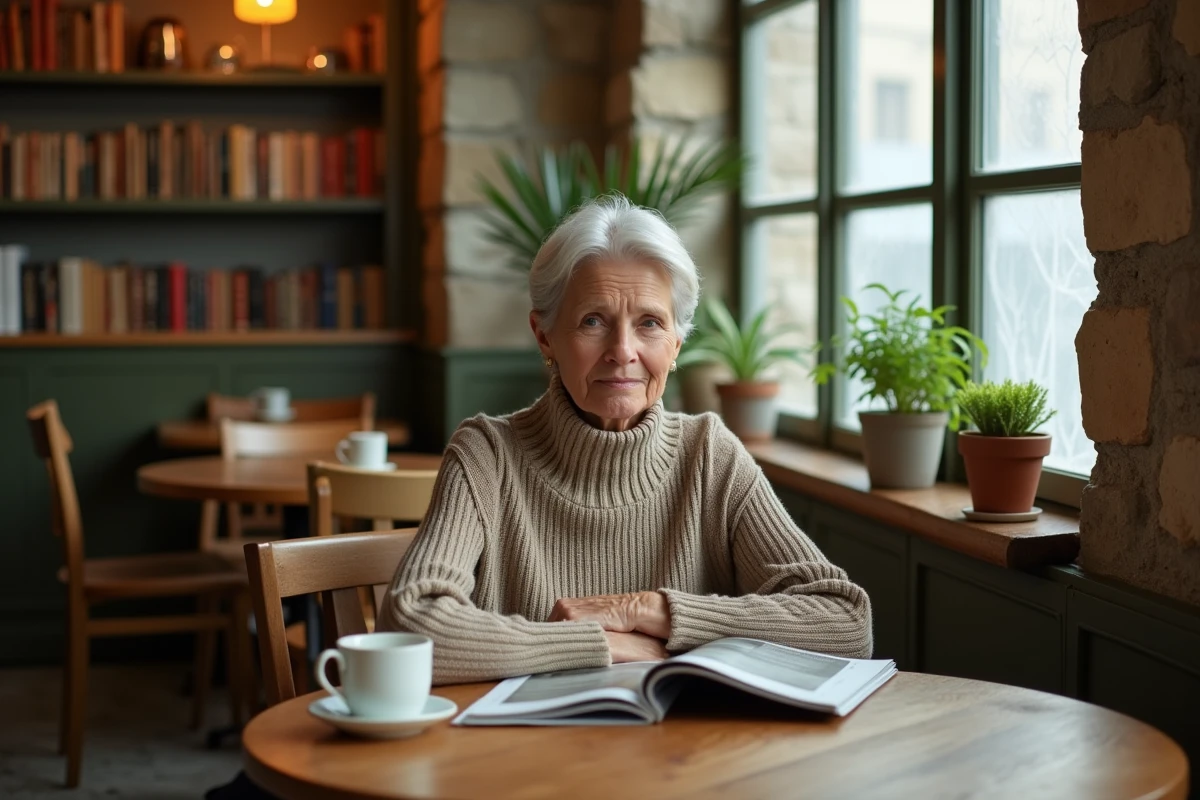 Une femme sereine dans un café parisien intimiste, symbolisant la protection de la vie privée et le choix de la discrétion médiatique