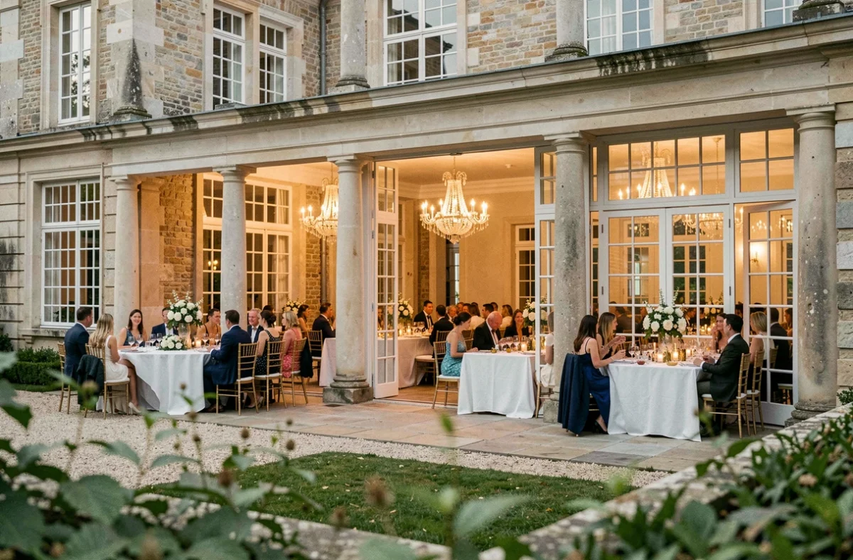 Villa de la Haute Forêt près de Rennes, salle de mariage intérieure avec décoration florale et tables de banquet