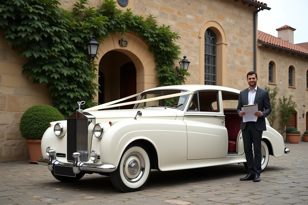 Voiture de mariage blanche décorée avec un agent de location tenant un contrat devant une église en pierre à Toulouse