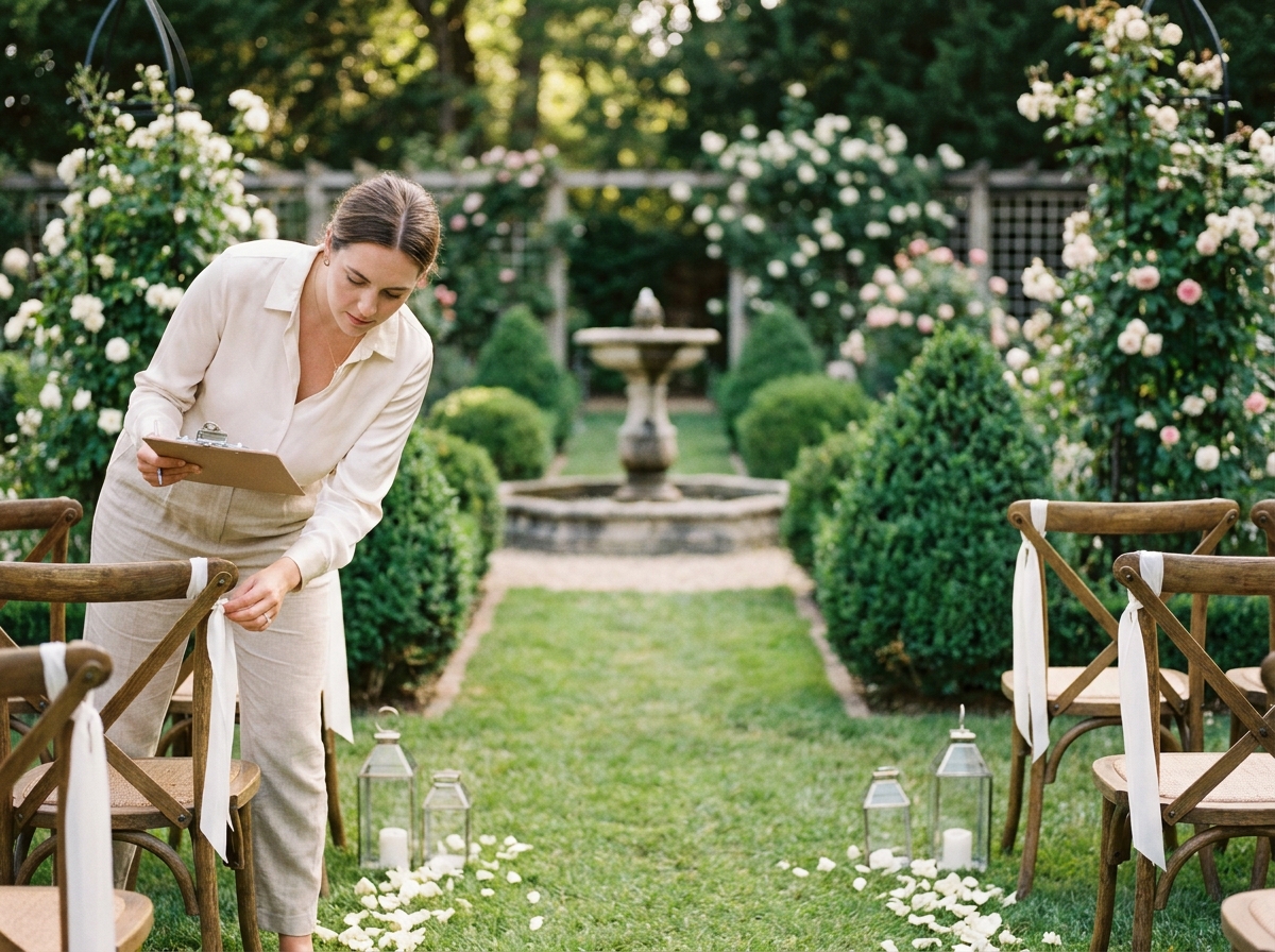 Wedding planner arrangeant les chaises et la décoration d'une allée de cérémonie de mariage dans un jardin privé
