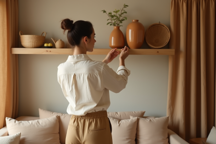Femme arrangeant des vases en céramique dans un salon chaleureux